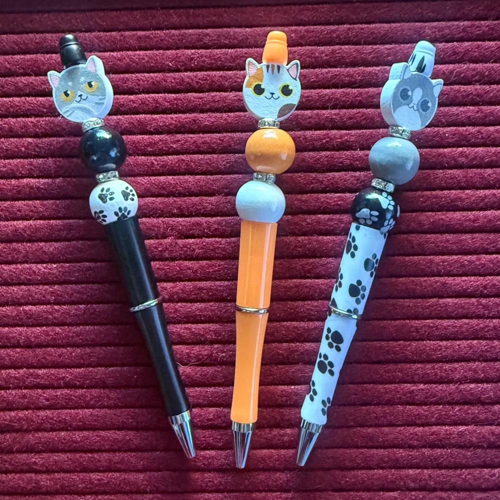 Handcrafted set of 3 cat beaded pens
